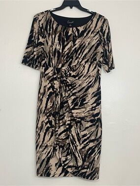 Connected Apparel Tiger Stripe Abstract Animal Print Faux Wrap Sheath Dress